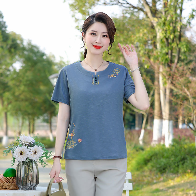 Mom Summer Clothing New Short Sleeve T-shirt 40-50 Years Old Middle-Aged and Elderly Women's Loose Oversized Fat Hiding Top Breathable Shirt