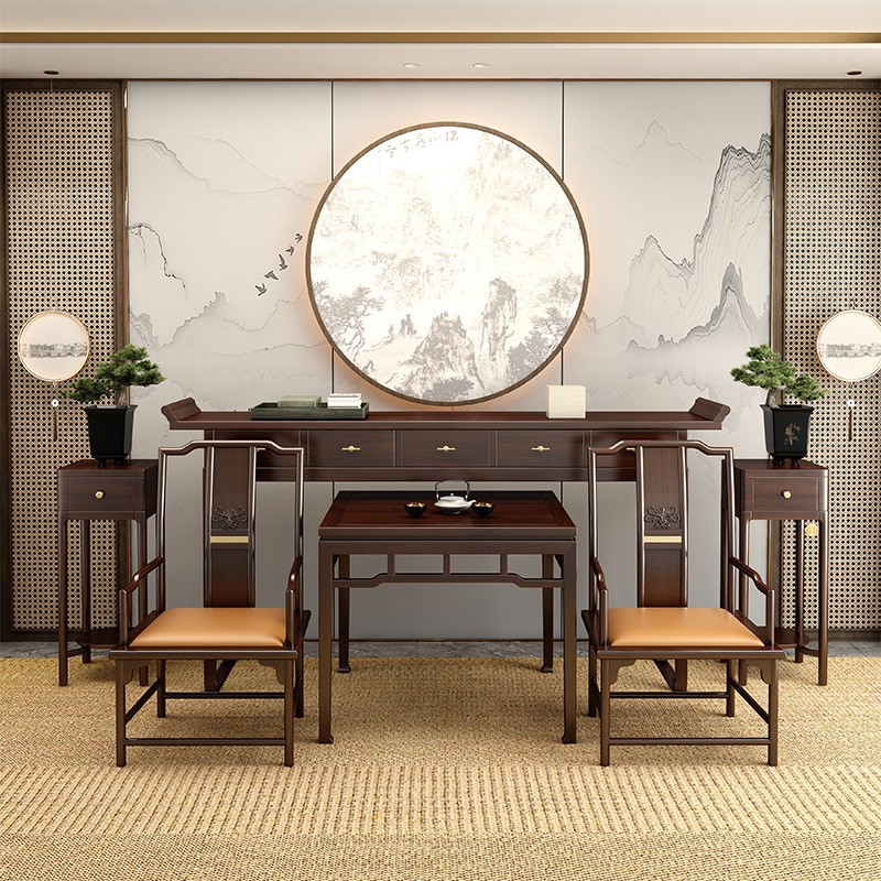 新中式实木中堂六件套 乌金木客厅简约禅意中式条案八仙桌椅家具