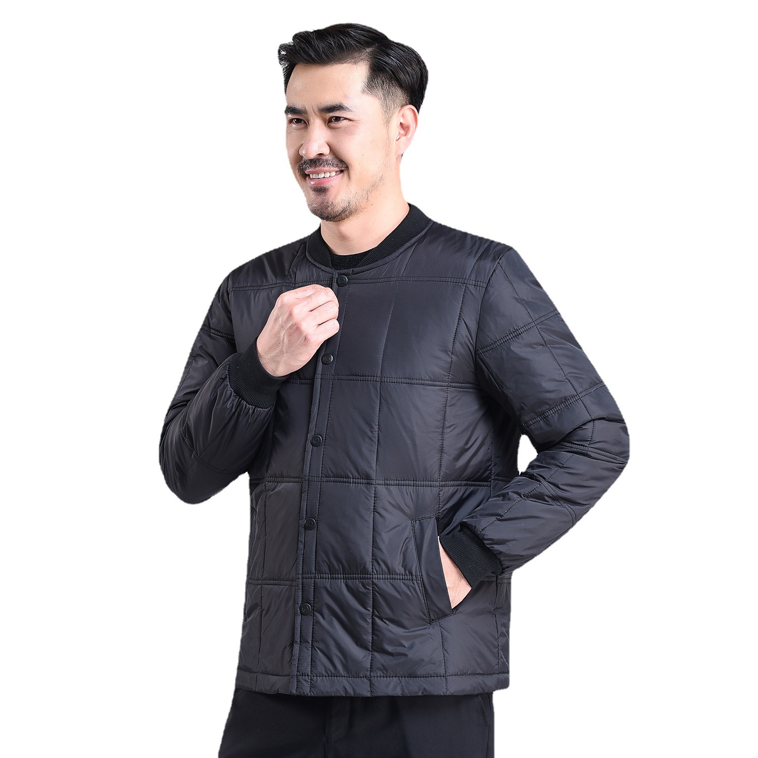 Middle-Aged and Elderly Men's down Jacket Stand Collar Threaded Long Sleeve Thickened Cotton-Padded Clothes down Feather Liner Wholesale