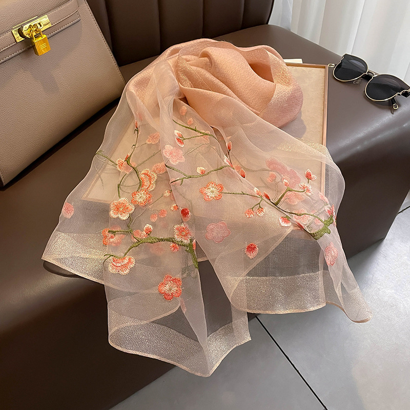 Chinese Style Peach Blossom Handmade Embroidery Silk Wool Scarf Women's Silk Scarf Warm Shawl Long Scarf to Give Mom