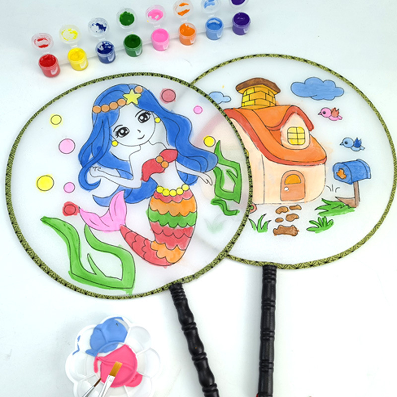 Blank Fan Children's Painting Diy Handmade Color Filling Fan Painting Circular Fan Temple Fan Handmade Fan Painting Graffiti Material Package