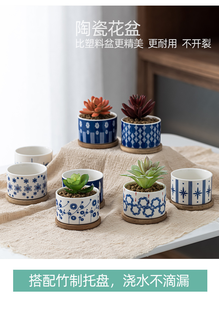积凯跨境出口日式和风多肉花盆亚马逊外贸韩式陶瓷素烧盆竹托组合