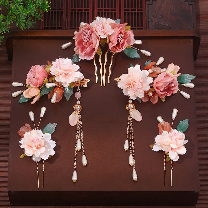 儿童汉服头饰古风绢花发饰套装古典花朵流苏簪子古典唐服头花配饰