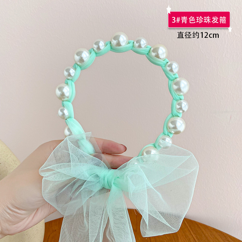 Yingmin Accessory Children's Pearl Streamer Headband Korean Head Princess Mesh Ponytail Headband Girls Bow Tie Hair Cute Headwear Hair Accessories