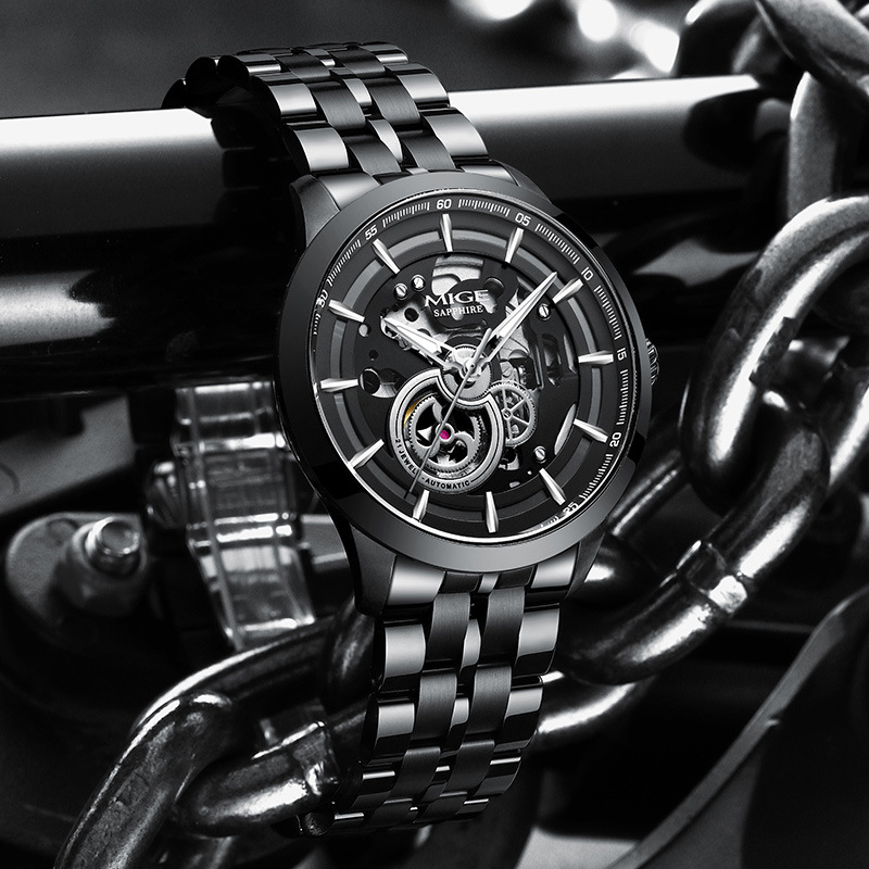 米格mige手表男士十大品牌机械表全自动钢带镂空防水夜光潮流腕表