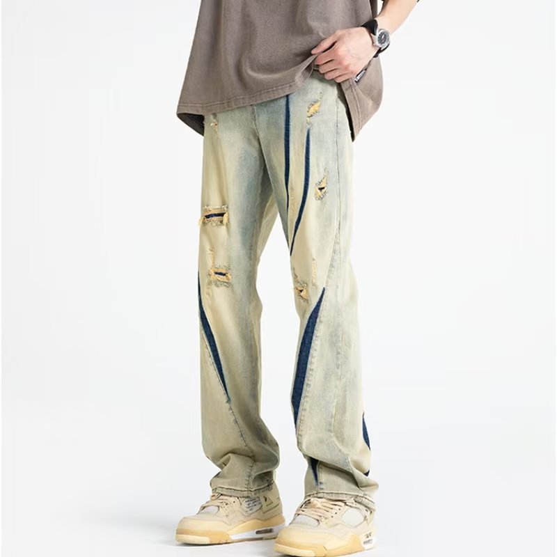 American Yellow Mud Ripped Jeans Men's Summer Thin Straight Handsome Pants High Street Vibe Fashion Brand Oversize