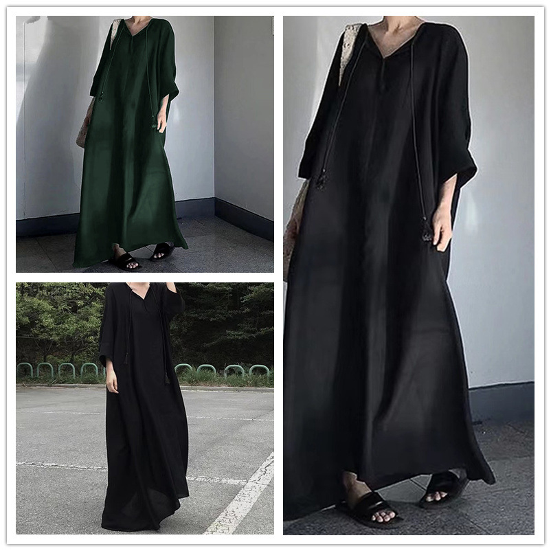2022 Spring and Autumn New Japanese and Korean V-neck Loose Cotton and Linen Solid Color Simple and Stylish Casual plus Size Long Dress