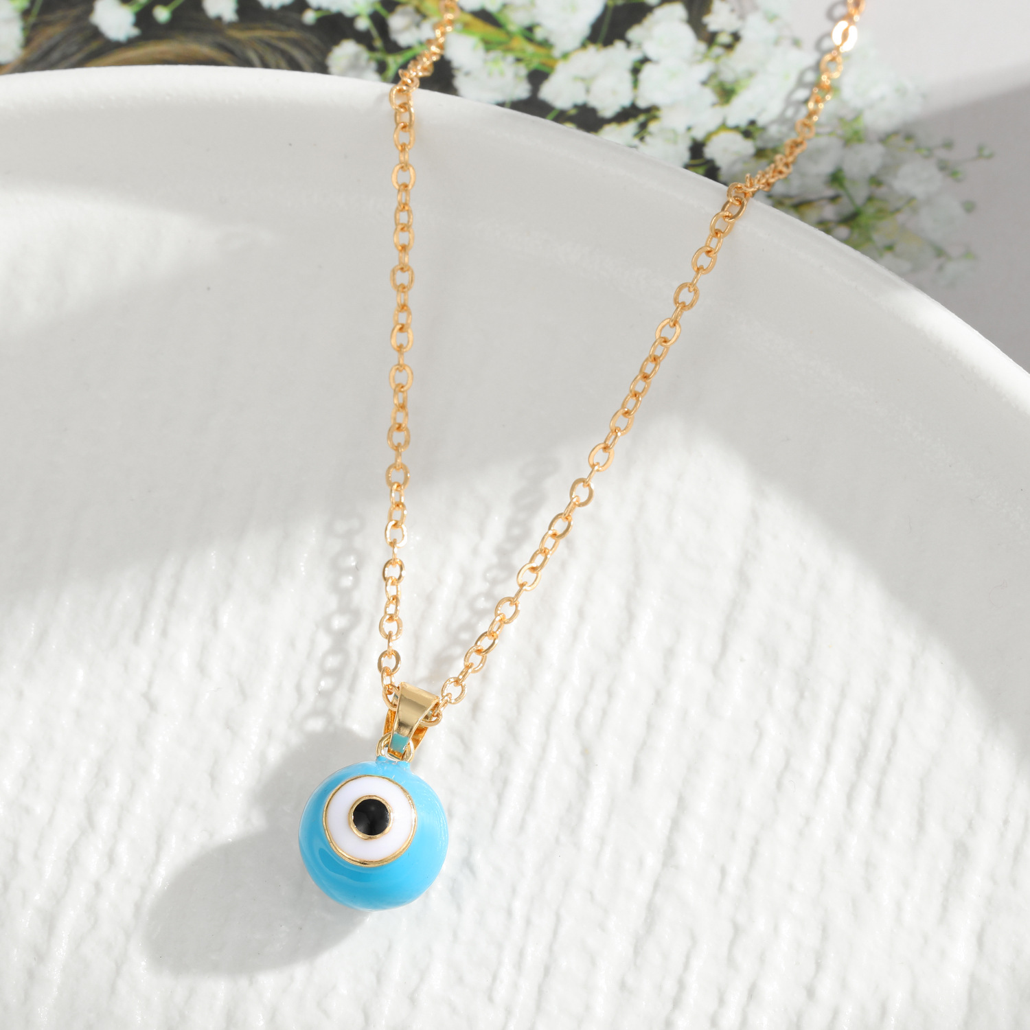 Cross-Border Turkish Devil's Eye Alloy Drop Oil Necklace Pendant Magic Color Vintage Gold Plated Twin Niche Clavicle Chain