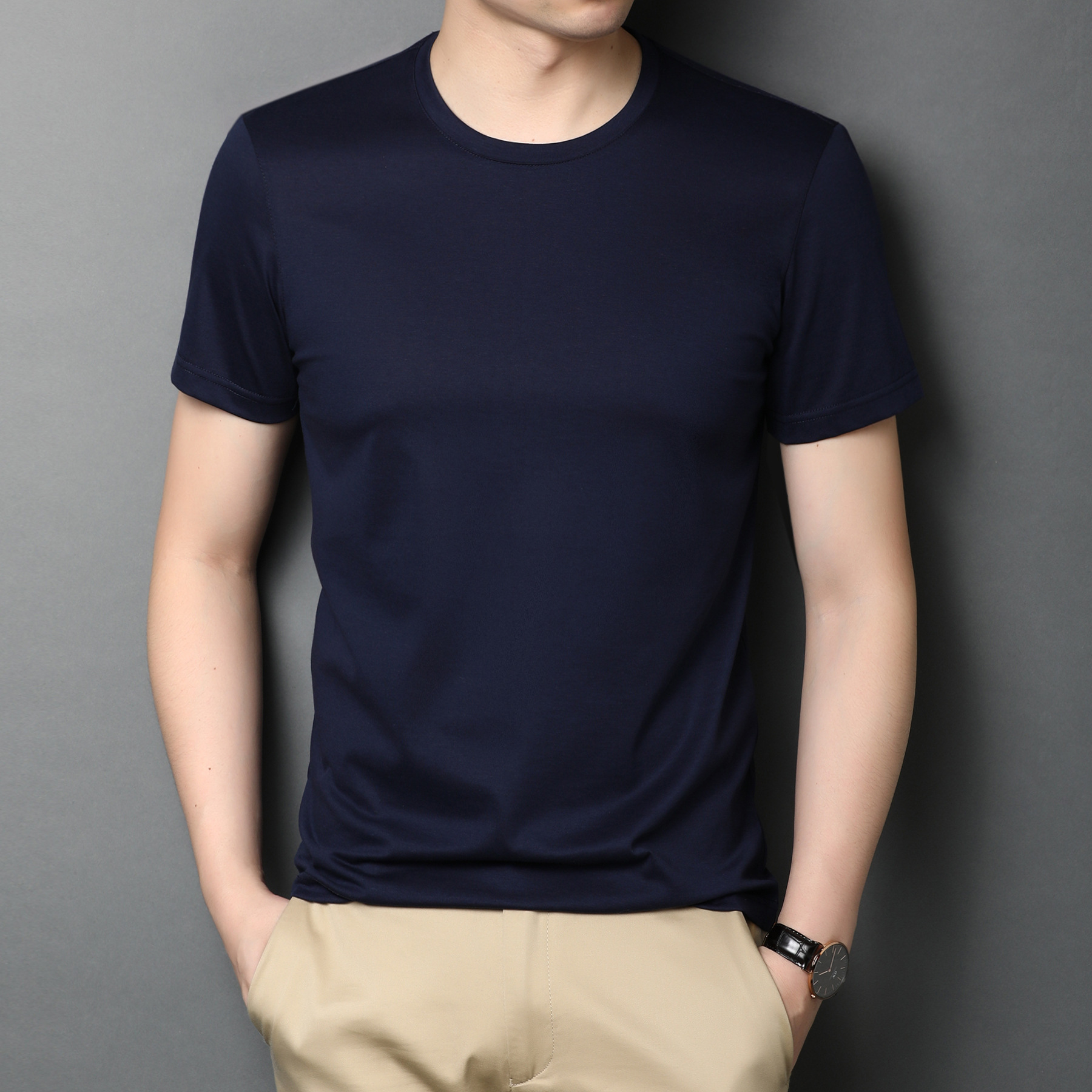 2021夏季新款男士含桑蚕丝短袖t恤圆领冰丝汗衫 男装休闲透气上衣