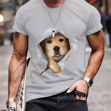 2024跨境亚马逊爆款小狗萌宠图案3D数码印花男士T恤夏季宽松短袖