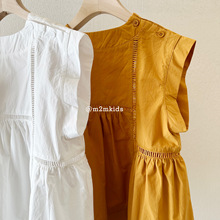 包邮韩系2024夏季女童橙色白色简约INS儿童无袖薄款 镂空衬衫韩版