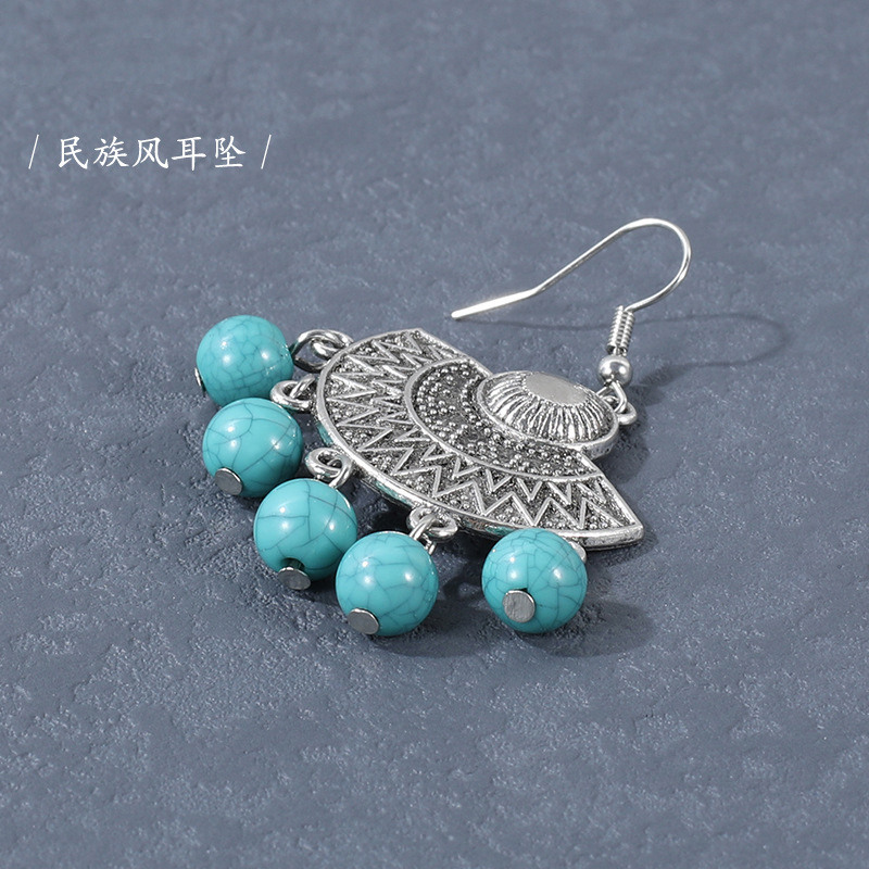 Amazon Hot Ethnic Style Vintage Earrings Antique Style Tassel Fan-Shaped Delicate Earrings Turquoise Fashion Ornament