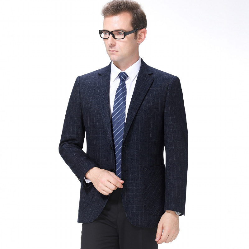 春秋新款中老年西装男单西爸爸装外套加大码格子中年男士休闲西服