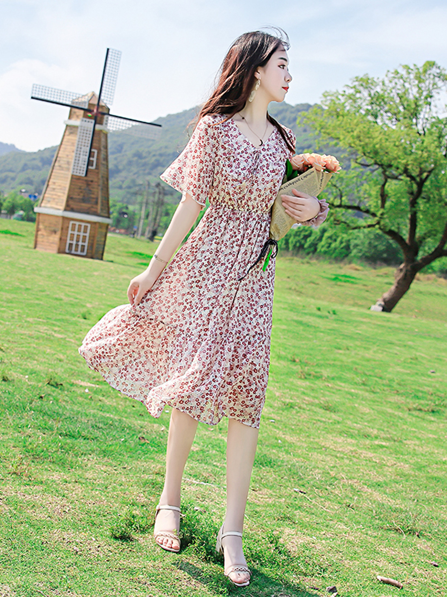 韩版荷叶边收腰无