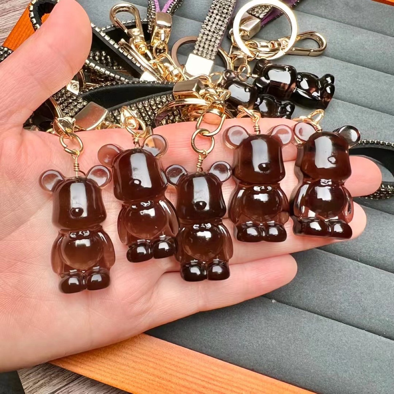 冰耀石冰种黑曜石暴力熊钥匙扣吊坠编绳情侣项链水晶小熊毛衣链