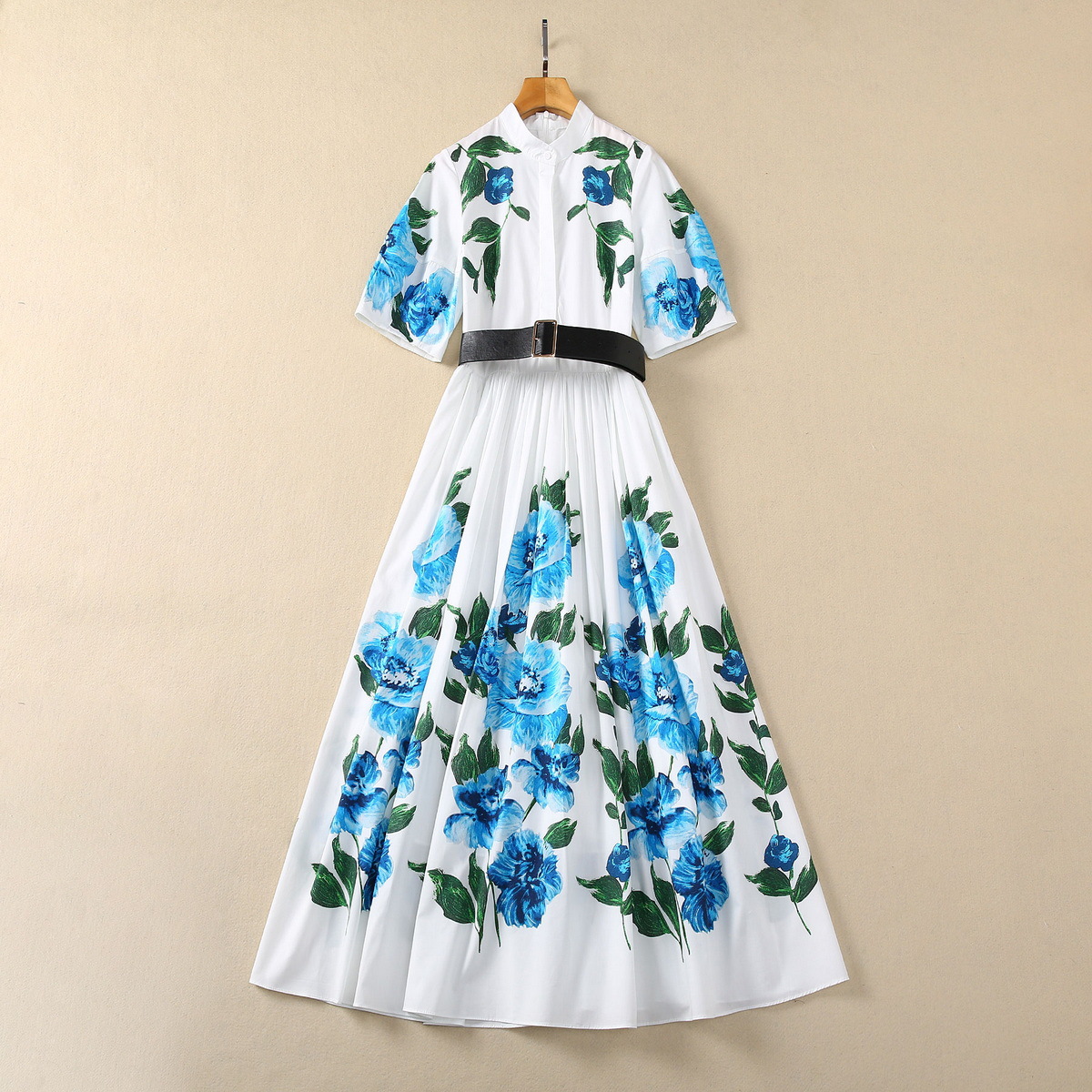 cotton dress 蓝色妖姬2024春夏季新款立领短袖细褶大摆连衣裙女