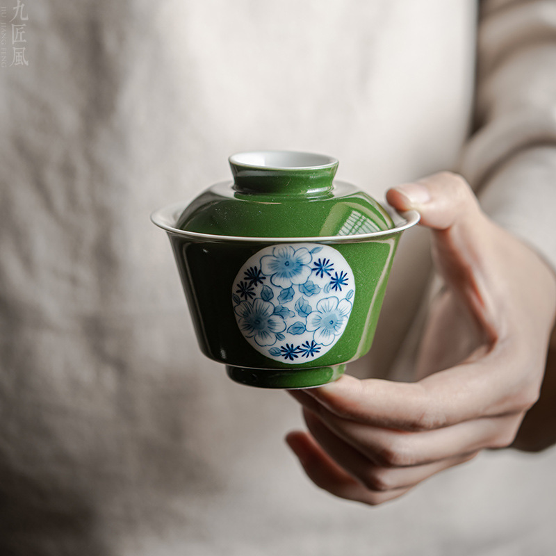 九匠风 祖母绿釉手绘石榴葫芦茶杯喝茶单杯小茶杯釉下彩品茗杯