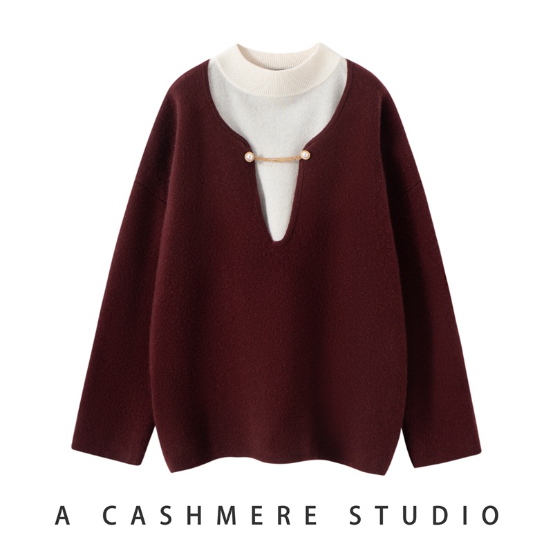 羊绒衫女100%纯山羊绒秋冬假两件宽松保暖圆领套头针织长袖毛衣