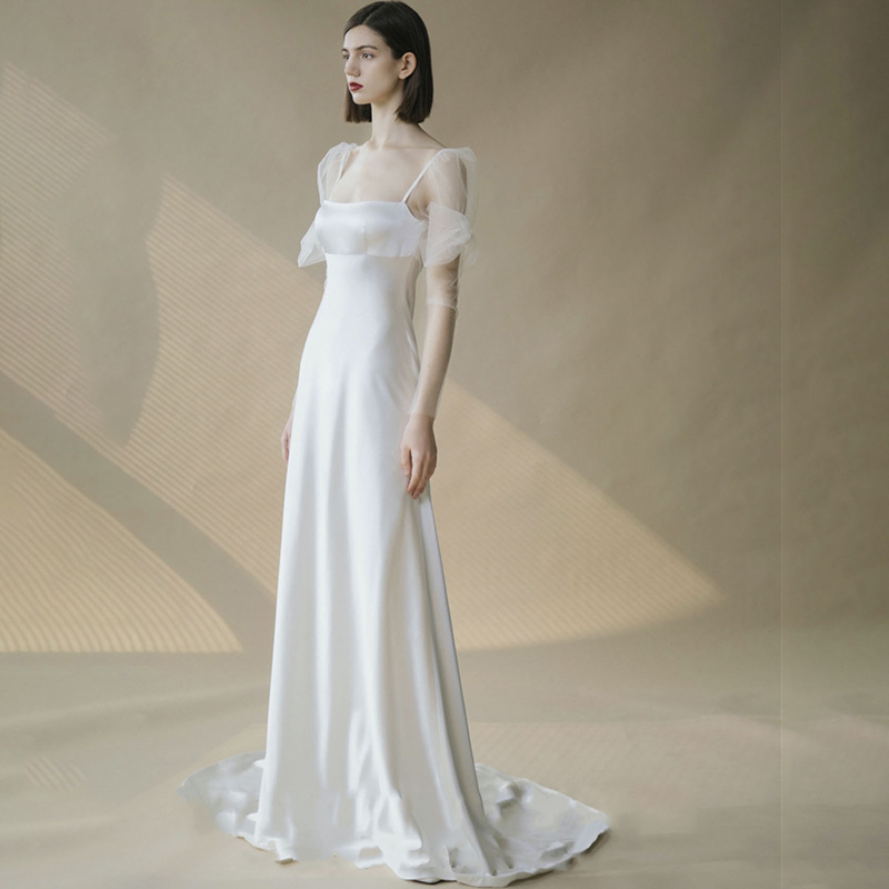 法式轻婚纱白色简约超仙梦幻新娘迎宾出门纱气质拖尾缎面礼服显瘦