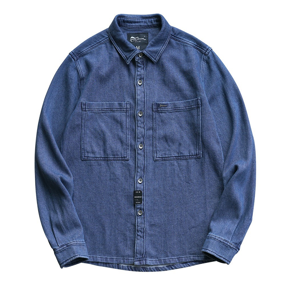 美式复古工装牛仔衬衣男士秋冬厚实硬汉口袋长袖针织牛仔衬衫外套