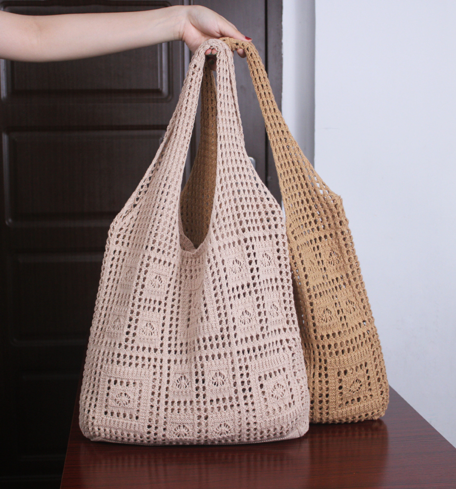 针织包复古网眼镂空简约编织包包女士单肩包bags毛线手提包购物袋