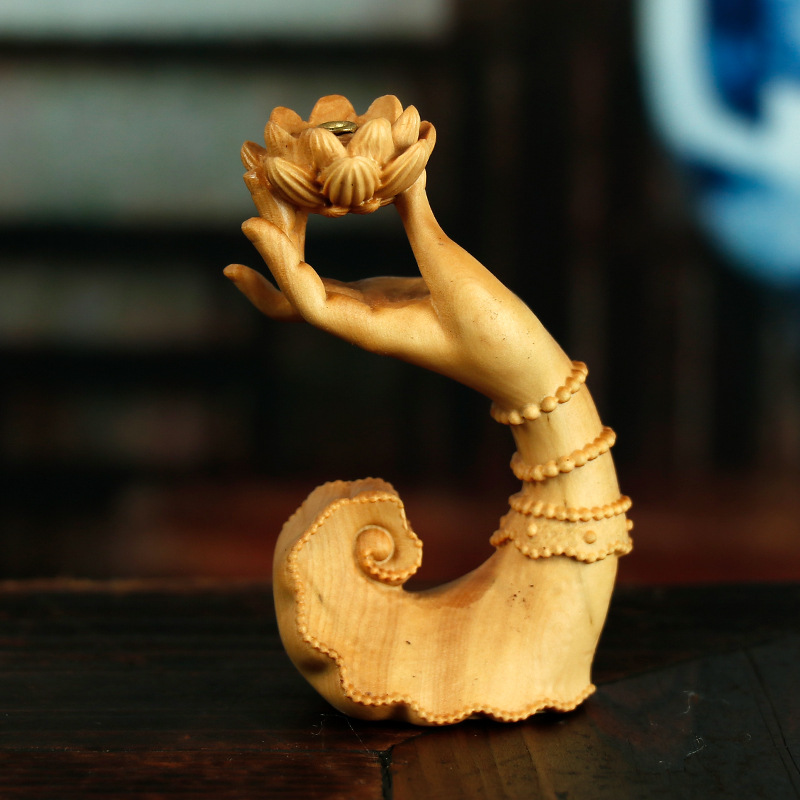 黄杨木雕手把件木质佛手莲花香插摆件茶道香道禅艺家居饰品工艺品