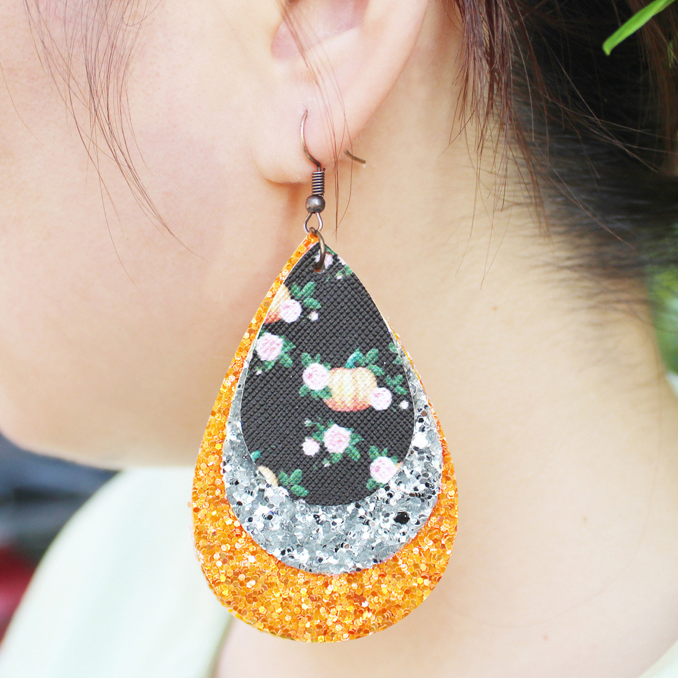 Halloween Three-Layer Water Drop Leather Earrings Pumpkin Flower Sequins Particles European and American Festivals Cross-Border Amazon