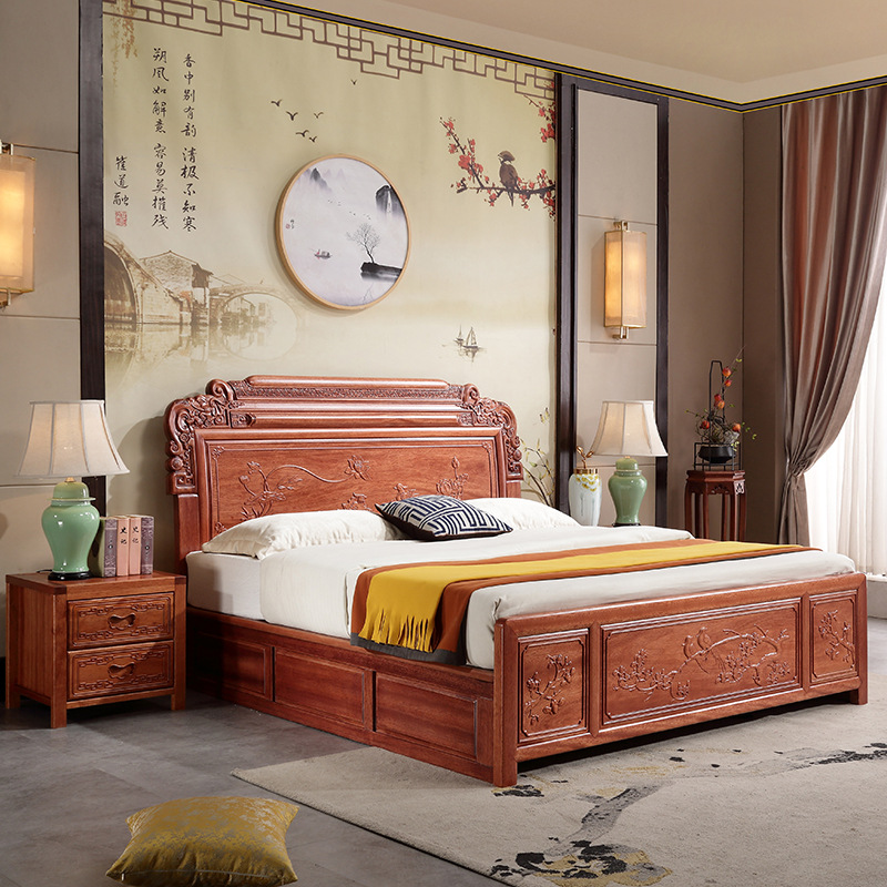 新中式全实木床明清古典床仿古海棠木床1.8米雕花储物双人红木床