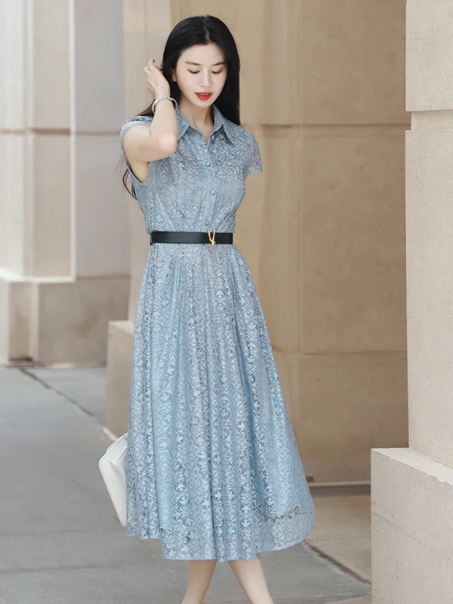 直播清仓~韩式甜美休闲风连衣裙女装翻领缕空小个子裙子中长款