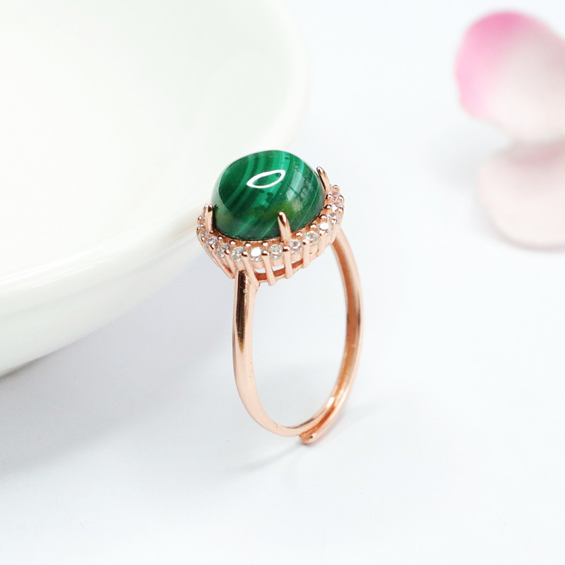 眷钰s925银镶天然孔雀石戒指绿色指环珠宝饰品直播代发2041208