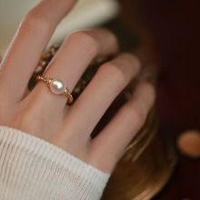 大颗珍珠戒指女小众设计高级感时尚个性独特轻奢食指开口小珠
