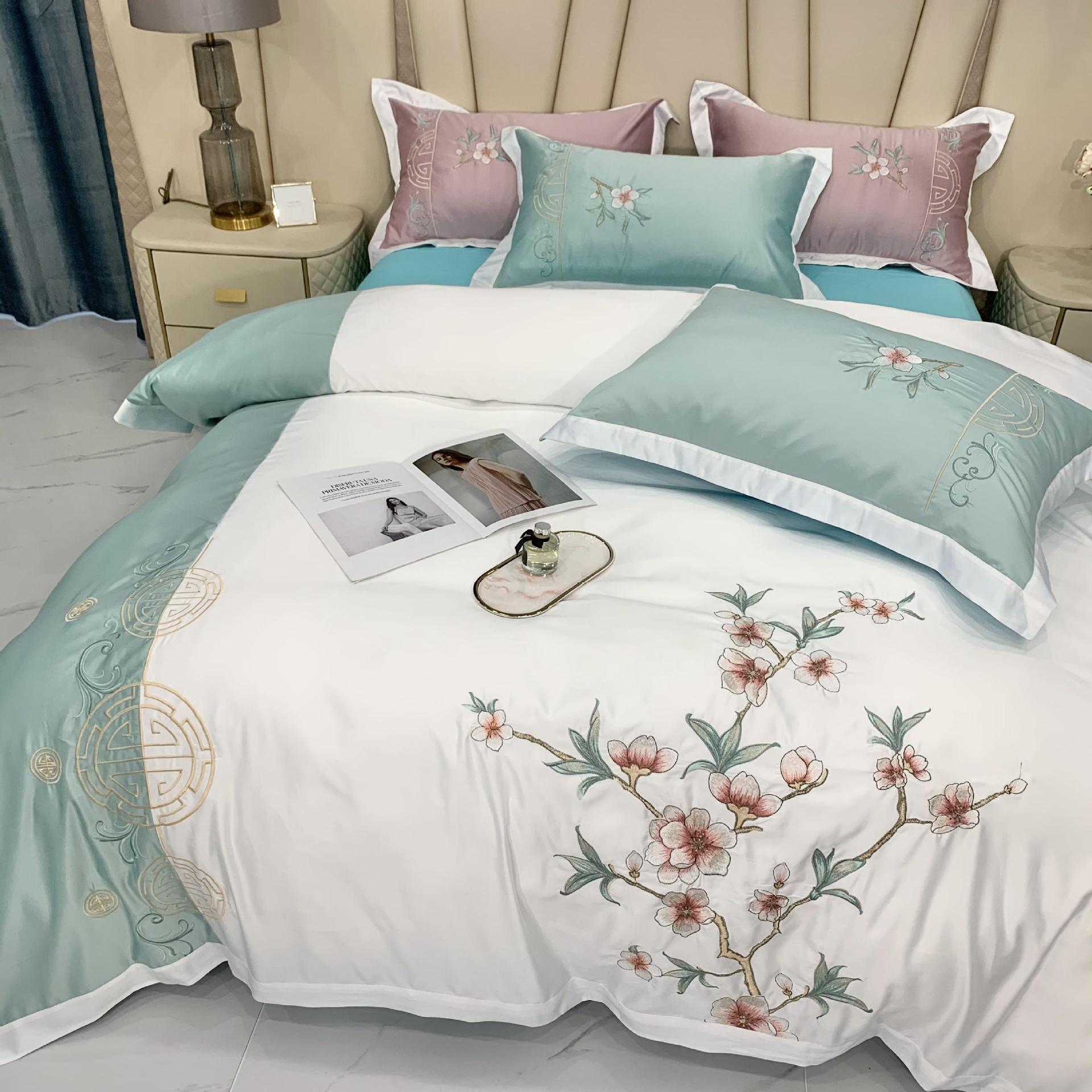 新中式刺绣花卉全棉床上用品高档真丝被套奢华简约纯棉
