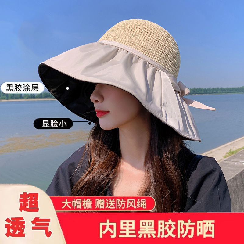 Summer Vinyl Sun Hat Female Hollow Bow UV Protection Big Brim Face-Covering Sun Protection Hat Sun Hat Bucket Hat