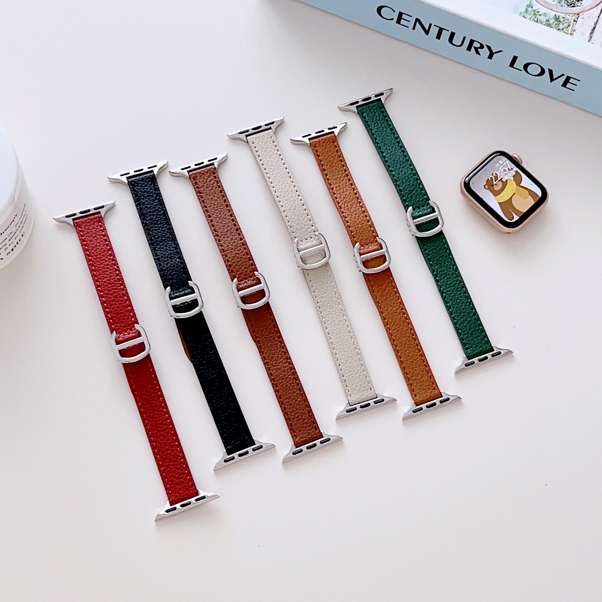 日字按扣荔枝纹皮表带适用苹果iwatch98se7654蝴蝶扣真皮腕带时尚