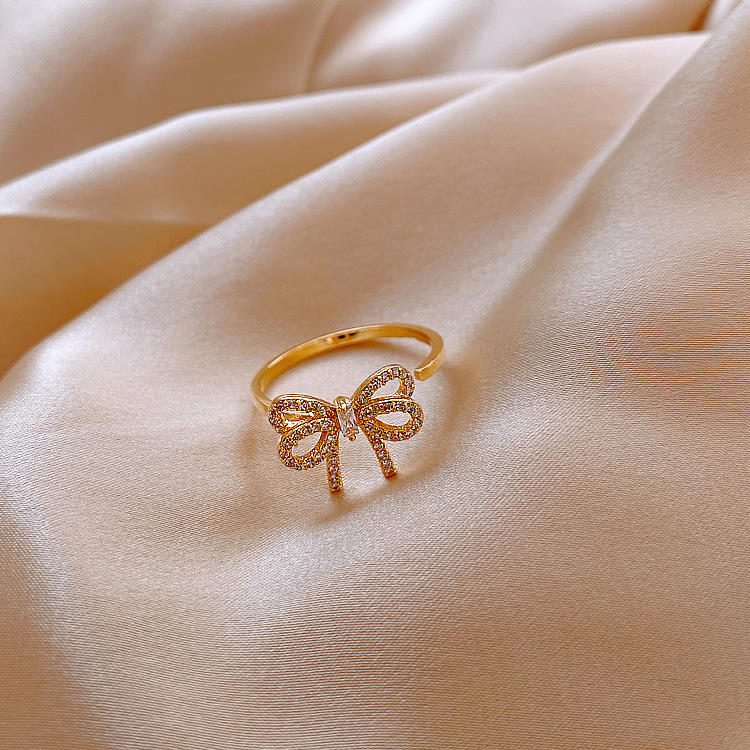 韩国东大门新款气质蝴蝶结戒指女开口可调节微镶锆石食指戒子指环