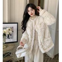 羊羔毛外套女冬季中长款2023韩版新款加厚拼接小香风毛绒上衣棉服