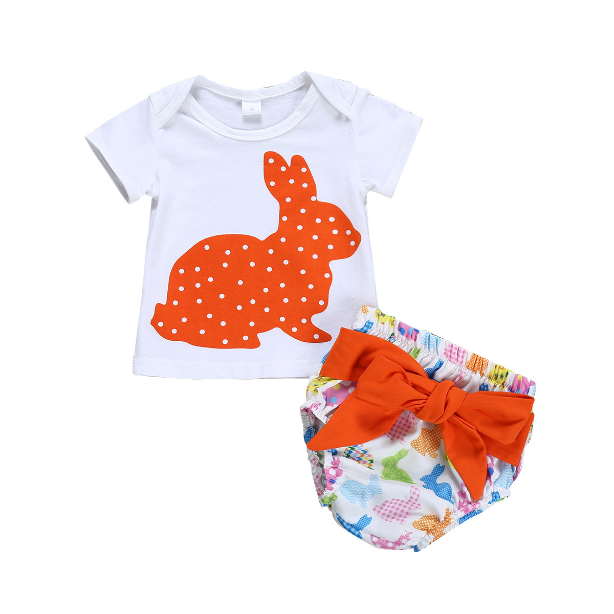 2021跨境童装女童白色短袖兔子印花上衣 蝴蝶结三角短裤