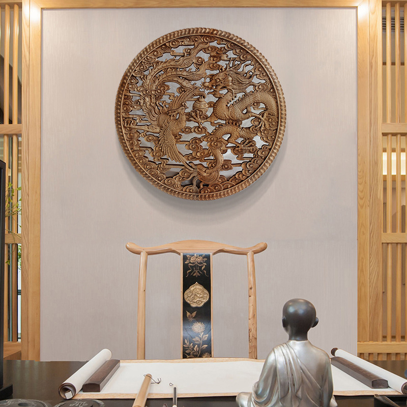 新中式背景墙实木花格木雕香樟木镂空雕花福字挂件圆形工艺品