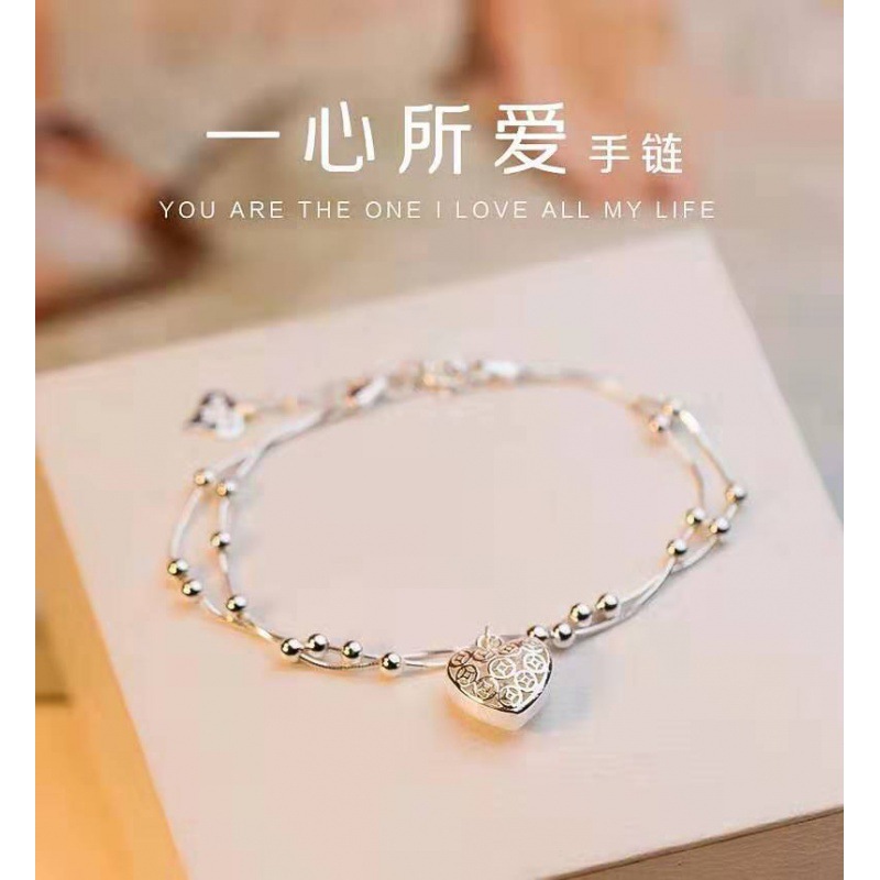 足银990一生所爱转运珠钱币爱心双线手链 清新情人节礼物一件代发