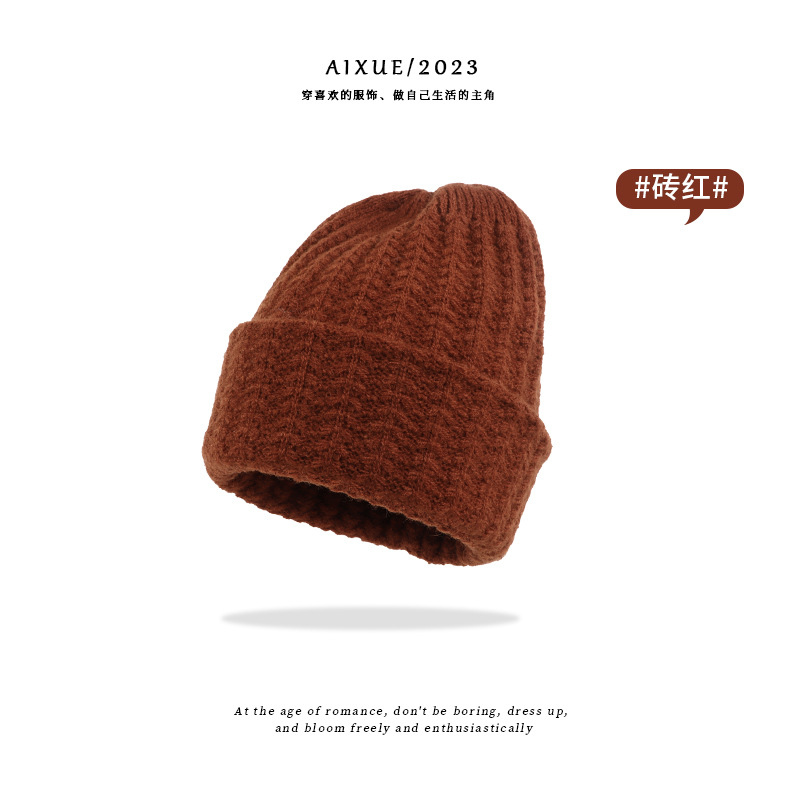 23 New Hat Female Acrylic Knitted Cap Foreign Trade Hat European and American Autumn and Winter Imitation Cashmere Solid Color Knitted Woolen Cap