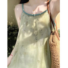 新中式国风绿色碎花连衣裙女2024年夏季新款优雅气质绝美显瘦长裙