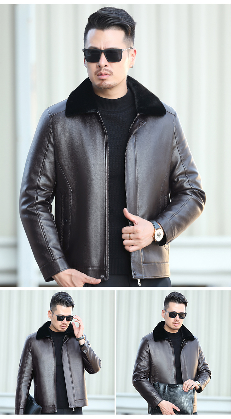 海宁山羊皮衣男士真皮夹克短款翻领中年休闲皮毛一体加绒加厚外套