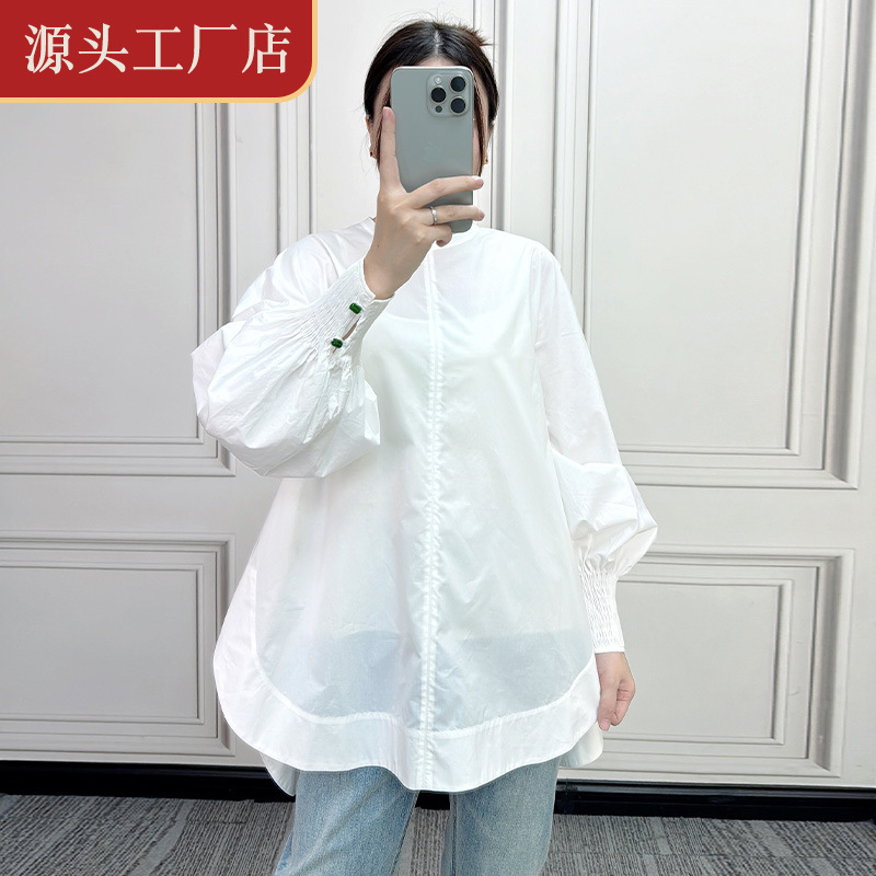 白色棉质宽松灯笼袖钉翠玉扣长袖衬衫衬衣女-阿里巴巴