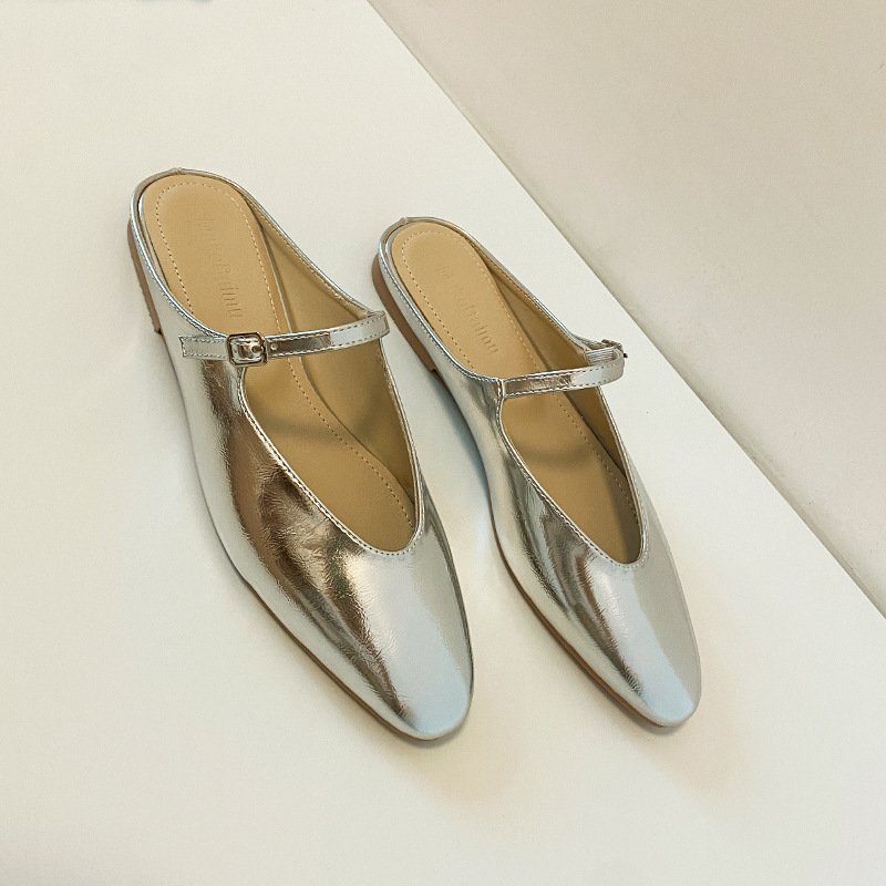 美哭了~法式v口一字带玛丽珍风格银色穆勒鞋平底外穿包头外穿拖鞋