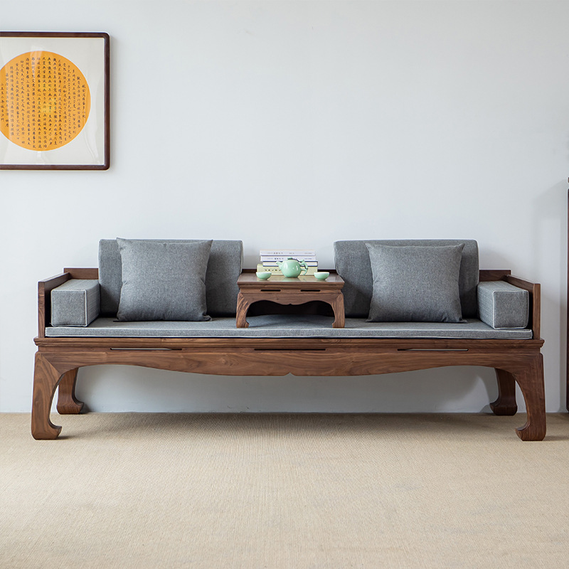 老榆木罗汉床榻实木黑胡桃木色沙发床新中式免漆贵妃美人榻仿古