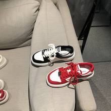 小白鞋子女2023新款韩版时尚红色拼色圆头厚底系带休闲鞋板鞋