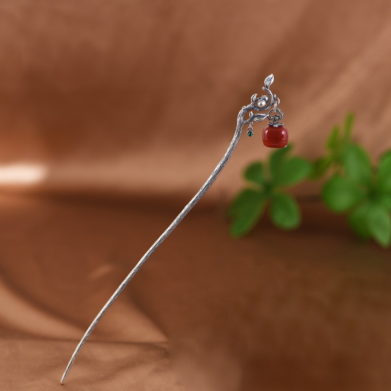 金鹿王 s925银发簪 复古文艺典雅柿饰如意红玛瑙女款银簪子发饰