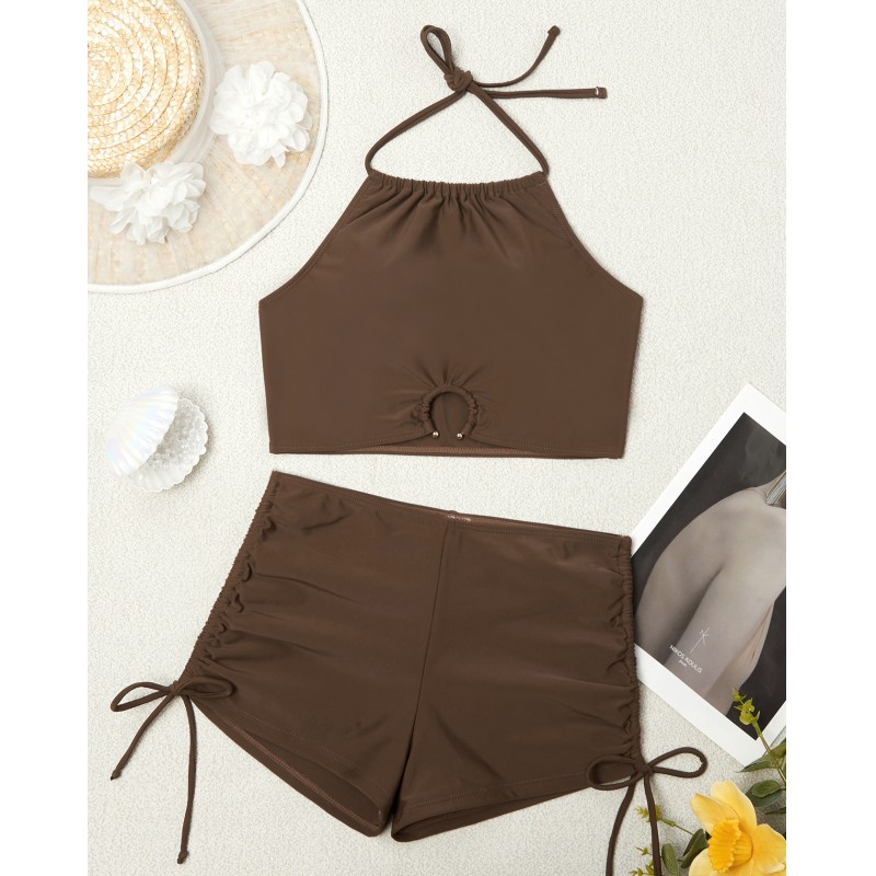 2024新款亚马逊欧美纯色吊带分体泳衣女款平角运动沙滩比基尼泳装