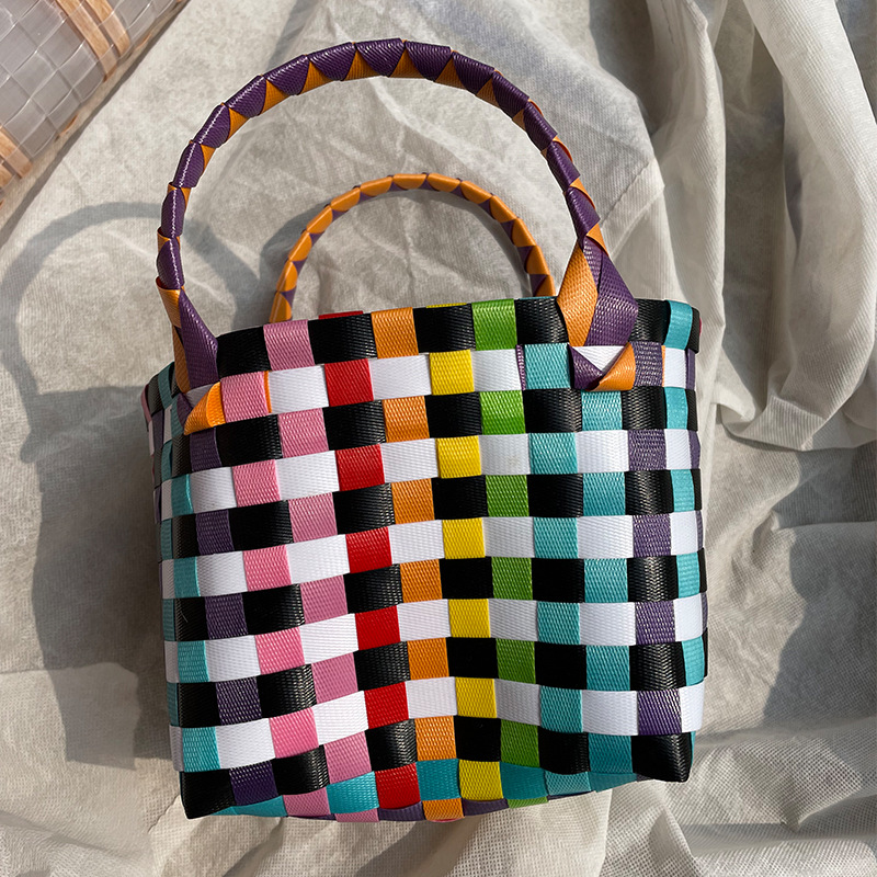 Handmade Plastic Woven Bag Women's Small Square Bag Multi-Color Optional Hand-Carrying Vegetable Basket Children's Vegetable Basket Quantity Discount