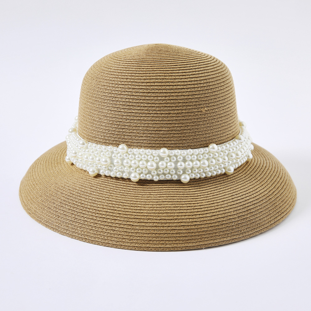 French Retro Hepburn Style Dome Pearl Hat Spring and Summer Travel Bucket Hat Wide-Brimmed Sunhat Female Fashion Straw Hat
